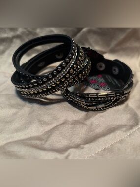 Lot of 2 Punk Black Multi-Row Stud & Crystal Wrap Bracelet